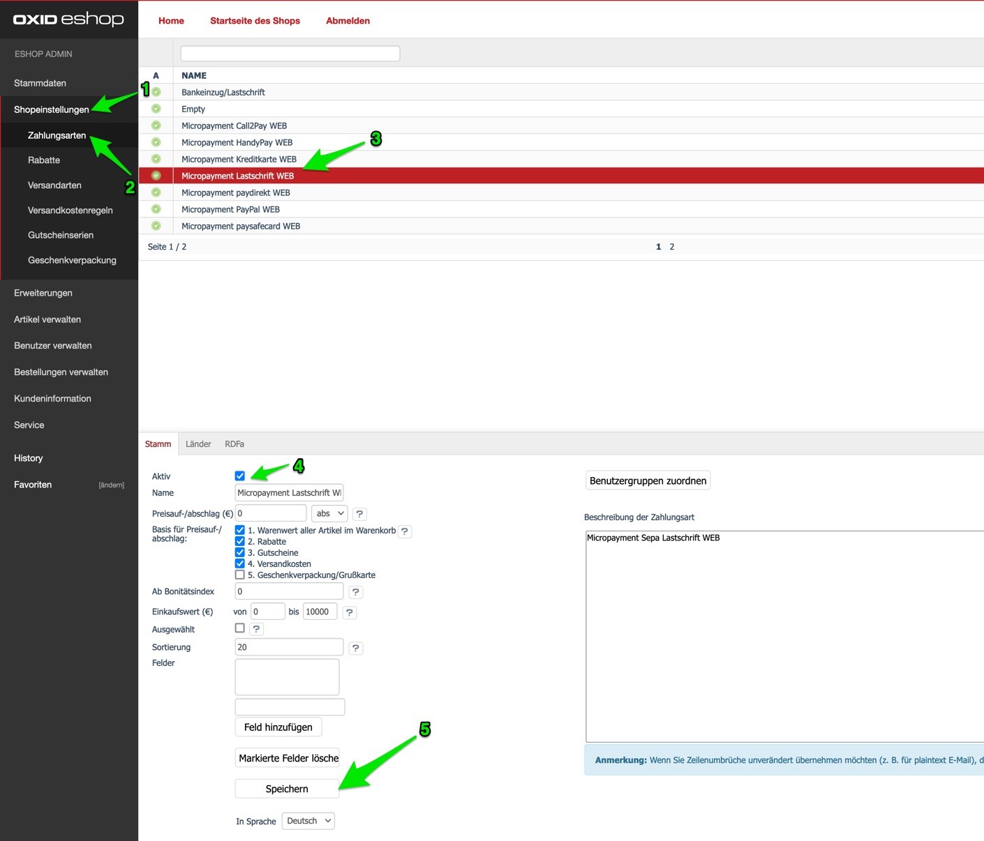 Activate / deactivate payment method